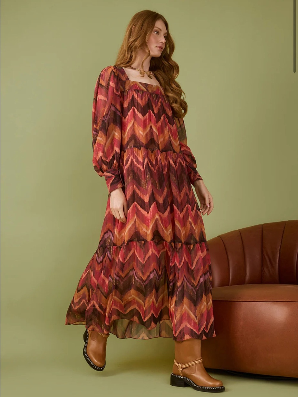 Women's Rust Chevron Tiered Maxi Dress